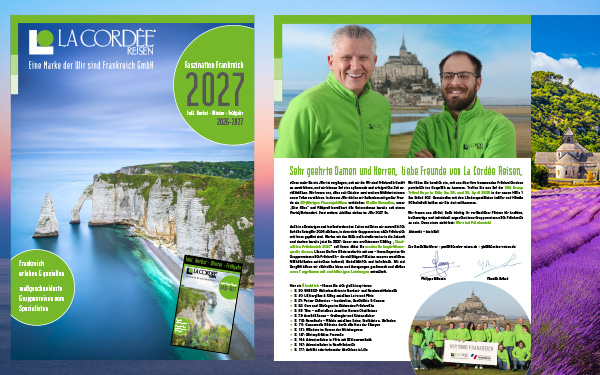 Für La Cordée Reisen / Wir sind Frankreich GmbH gestalten wir seit fast 30 Jahren die kompletten Reise-Kataloge – aktuell auch die Ausgabe 2027.